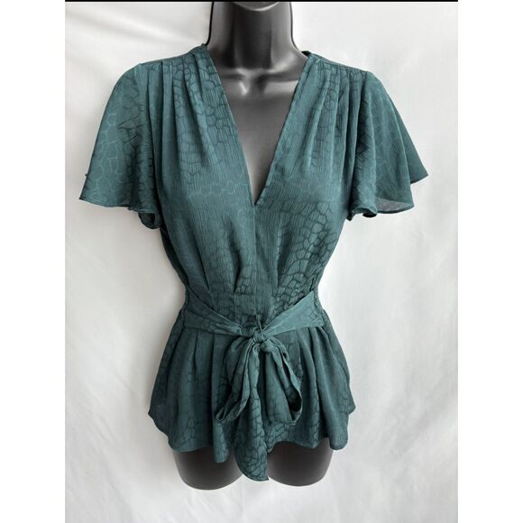 Max Studio Women's Flutter Sleeve Waist Tie Blouse Teal Blue Size XS Classy Date - Picture 2 of 10